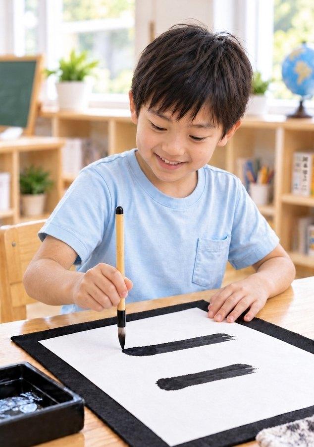 A boy writing with a pencil