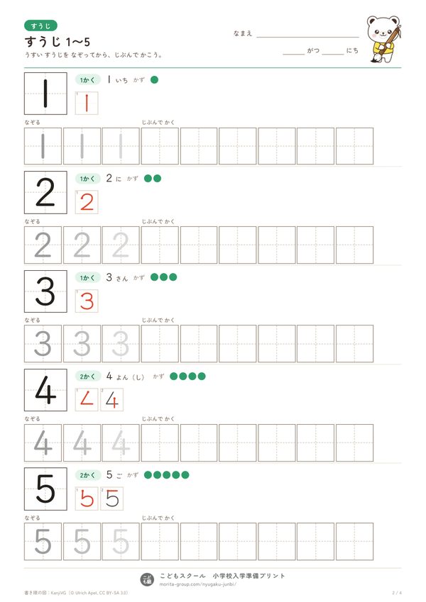 すうじを かこう 1〜5のプリント（見本）